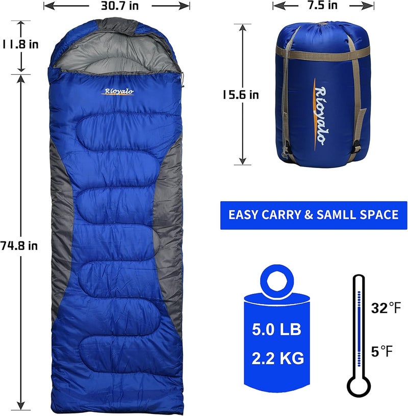 rioyalo 0 Degree Winter Sleeping Bags for Adults Camping (450GSM) - Temp Range (5F–32F) Portable Waterproof Compression Sack- Camping Sleeping Bags for Big and Tall in Env Hoodie: Backpacking Hiking 4 Season - Image 2